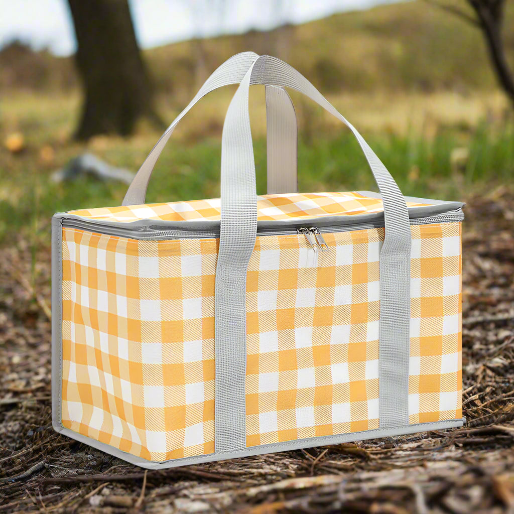 2PCS Yellow Insulated Picnic Lunch Bag with Checkered Design, Thermal Storage for Hot and Cold Items