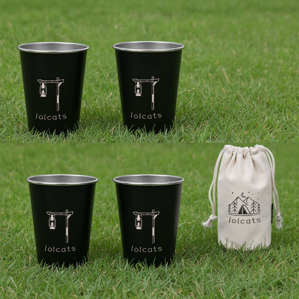 Black 304 Stainless Steel Camping Cup - 350ml Outdoor Drinkware(Set of 4 with Bag)