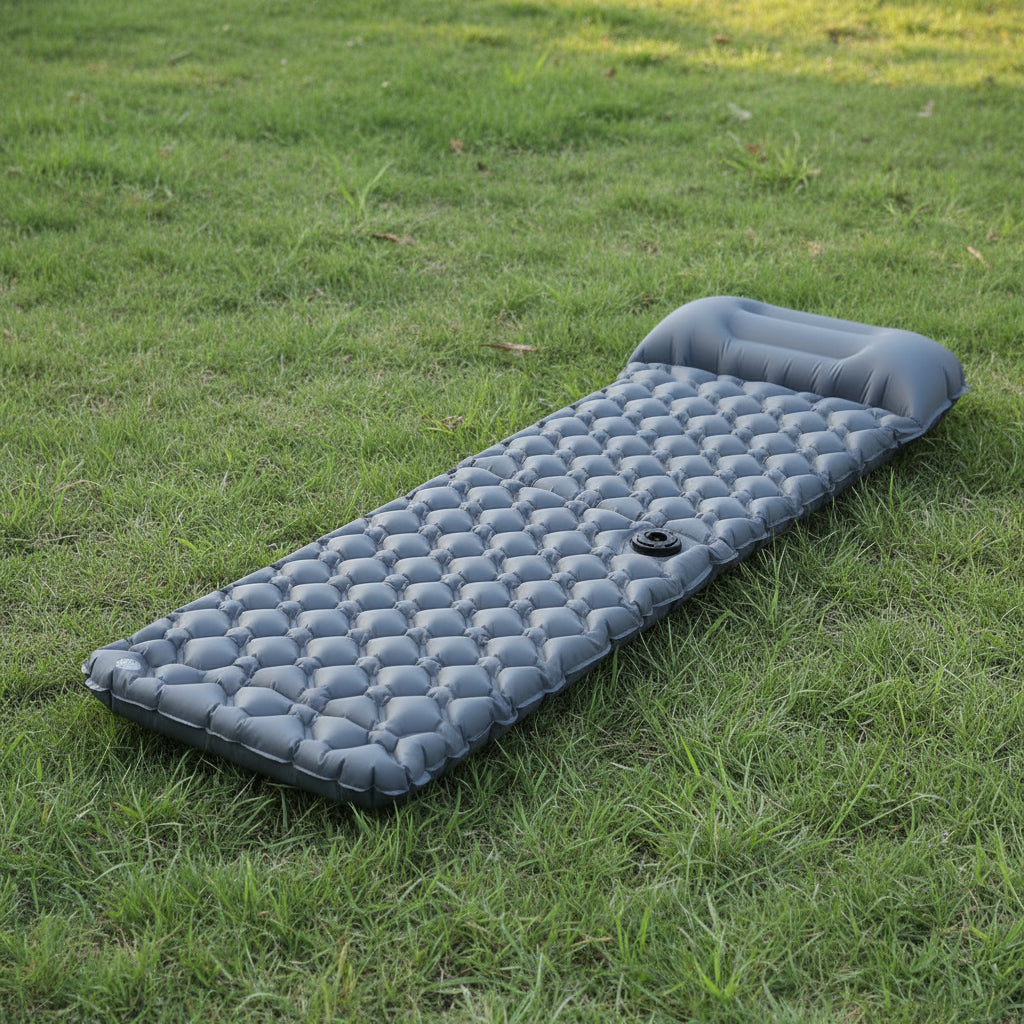 2pc Ultralight Inflatable Camping Sleeping Mat with Integrated Pillow - Waterproof 40D Nylon TPU(Grey)