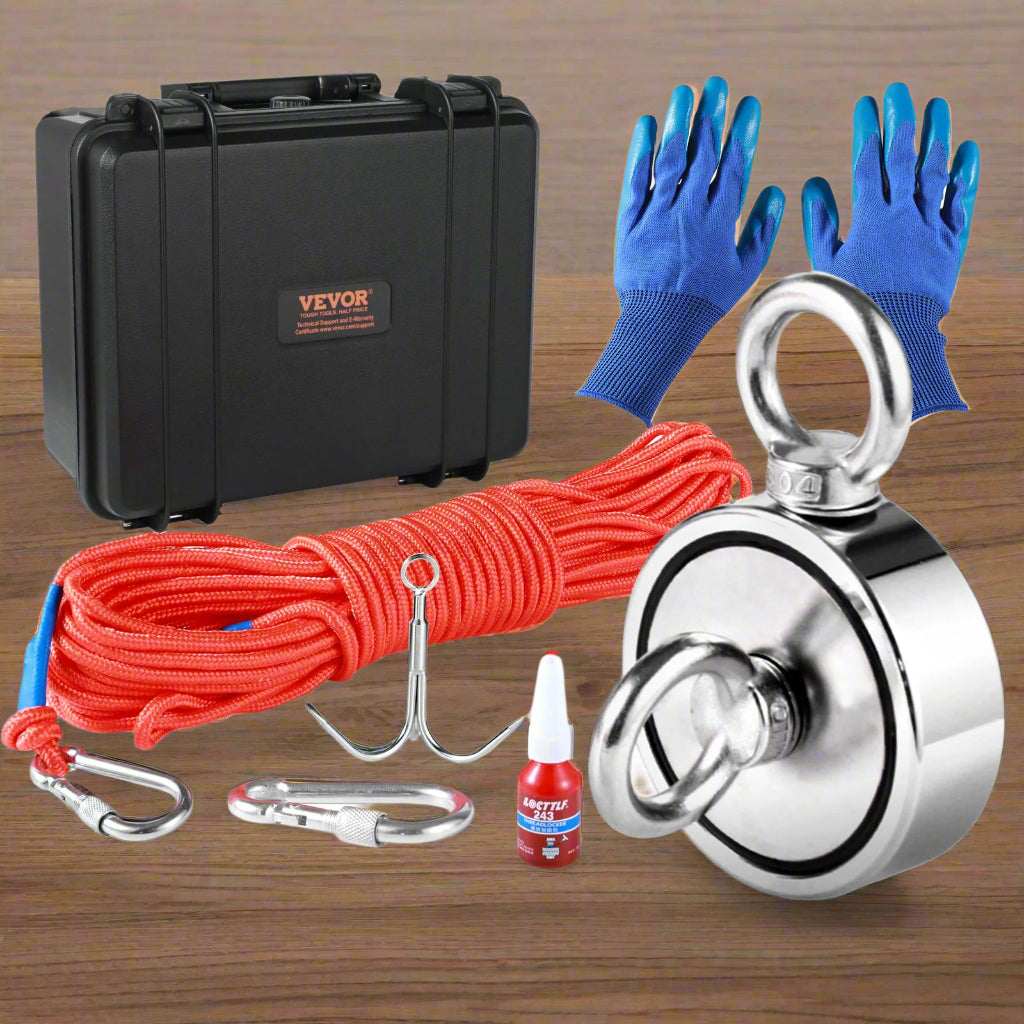 VEVOR Magnet Fishing Kit, 1200lbs Pulling Force Double Sided Fishing Magnets, 2.95inch Diameter Magnet with Rope, Grappling Hook, Gloves, Waterproof Case, Threadlocker, Eye Bolt, for Fishing