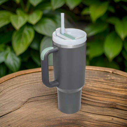 Grey 40oz Stainless Steel Tumbler with Handle & Straw - Large Capacity Insulated Travel Mug