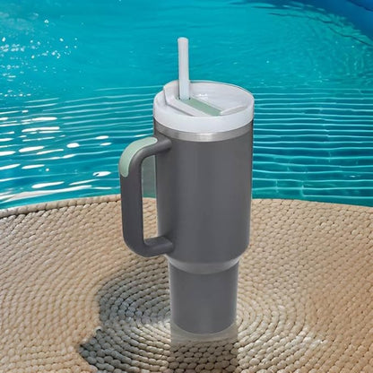 Grey 40oz Stainless Steel Tumbler with Handle & Straw - Large Capacity Insulated Travel Mug