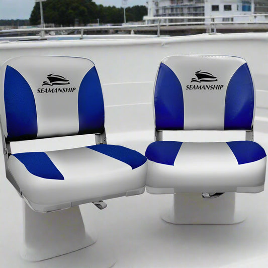 Seamanship 2X Folding Boat Seats Marine Swivel Low Back 13cm Padding Grey Blue
