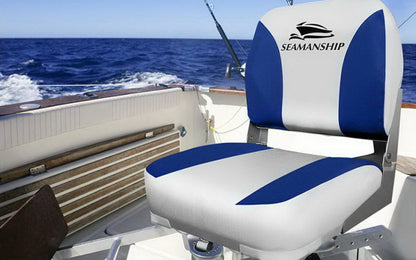 Seamanship 2X Folding Boat Seats Marine Swivel Low Back 13cm Padding Grey Blue