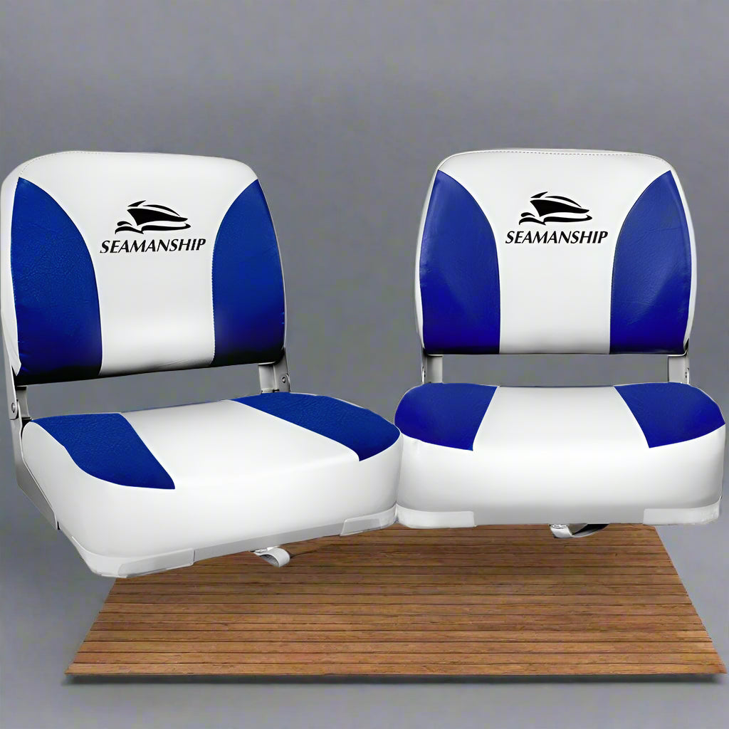 Seamanship 2X Folding Boat Seats Marine Swivel Low Back 13cm Padding White Blue