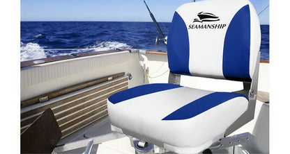 Seamanship 2X Folding Boat Seats Marine Swivel Low Back 13cm Padding White Blue