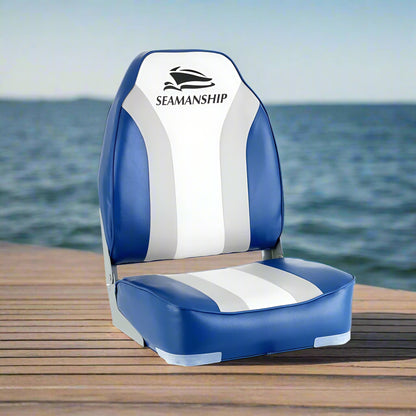 Seamanship 2X Folding Boat Seats Marine Seat Swivel High Back 12cm Padding Blue