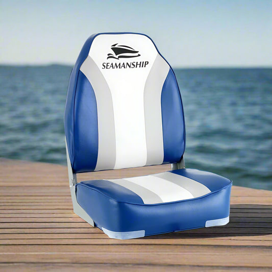 Seamanship 2X Folding Boat Seats Marine Seat Swivel High Back 12cm Padding Blue