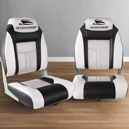 Seamanship 2X Folding Boat Seats Marine Seat Swivel High Back 12cm Padding Grey