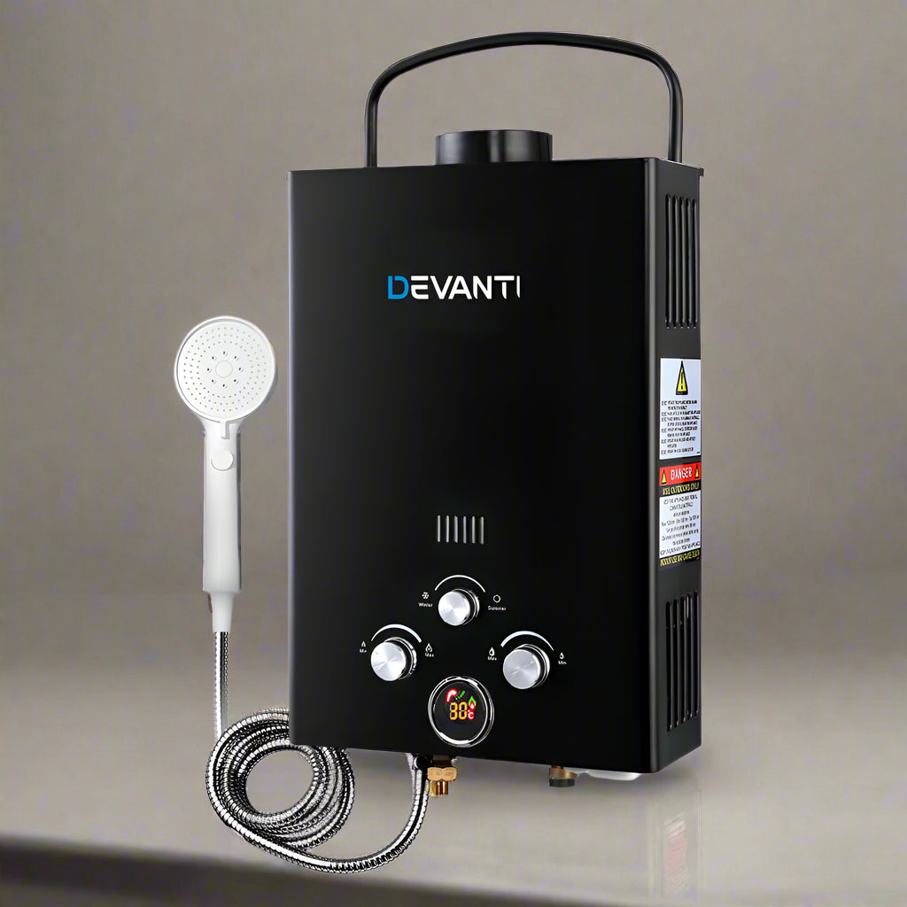 Devanti Portable Gas Water Heater 8L/Min LPG System Black