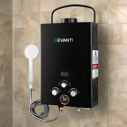 Devanti Portable Gas Water Heater 8L/Min With Pump LPG System Black