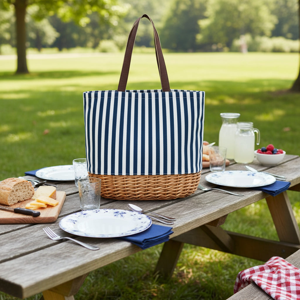Alfresco 4 Person Picnic Basket Bag Set Wooden Blanket Cooler Outdoor Insulated