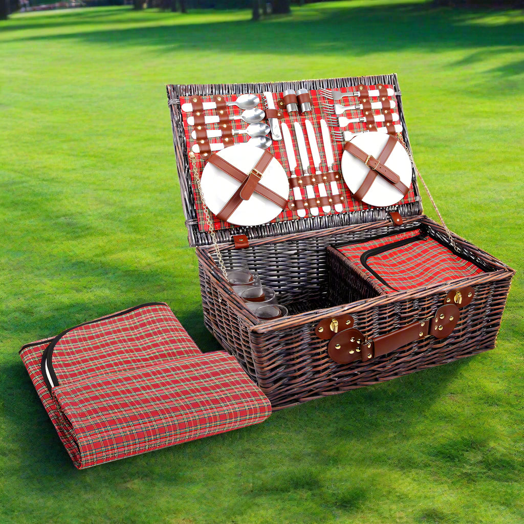 Alfresco 4 Person Picnic Basket Set Insulated Blanket Bag Red