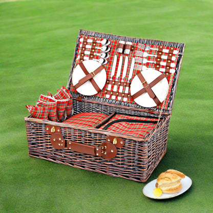 Alfresco 4 Person Picnic Basket Set Insulated Blanket Bag Red
