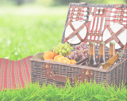 Alfresco 4 Person Picnic Basket Set Insulated Blanket Bag Red