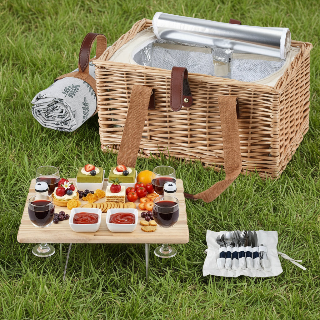 Alfresco 4 Person Picnic Basket Set with Table Blanket Cooler Wooden Insulated