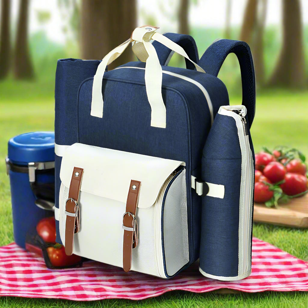 Alfresco 4 Person Picnic Basket Set Backpack Bag Insulated Blue