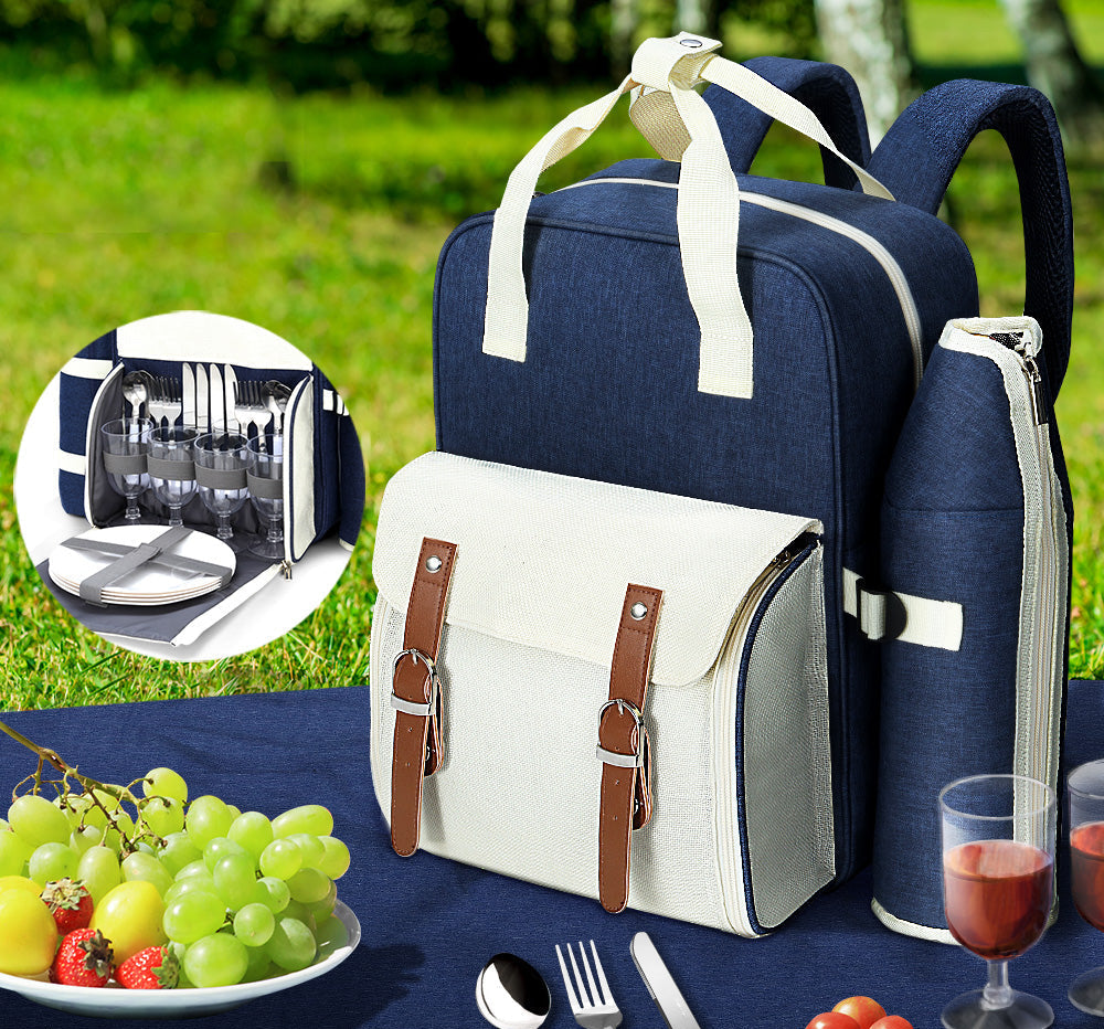 Alfresco 4 Person Picnic Basket Set Backpack Bag Insulated Blue