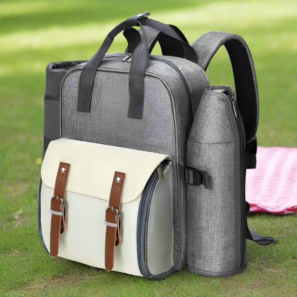 Alfresco 4 Person Picnic Basket Set Backpack Bag Insulated Grey