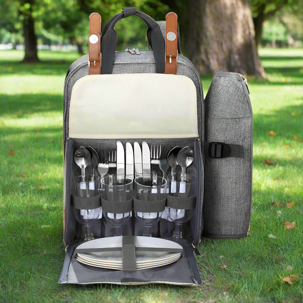 Alfresco 4 Person Picnic Basket Set Backpack Bag Insulated Grey