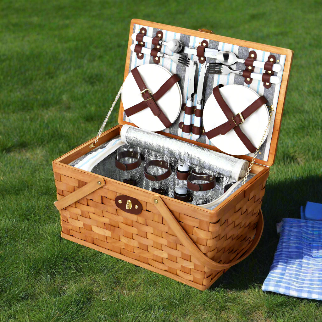 Alfresco 4 Person Picnic Basket Set Wooden Blanket Cooler Bag Outdoor Insulated