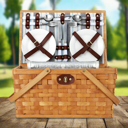 Alfresco 4 Person Picnic Basket Set Wooden Blanket Cooler Bag Outdoor Insulated