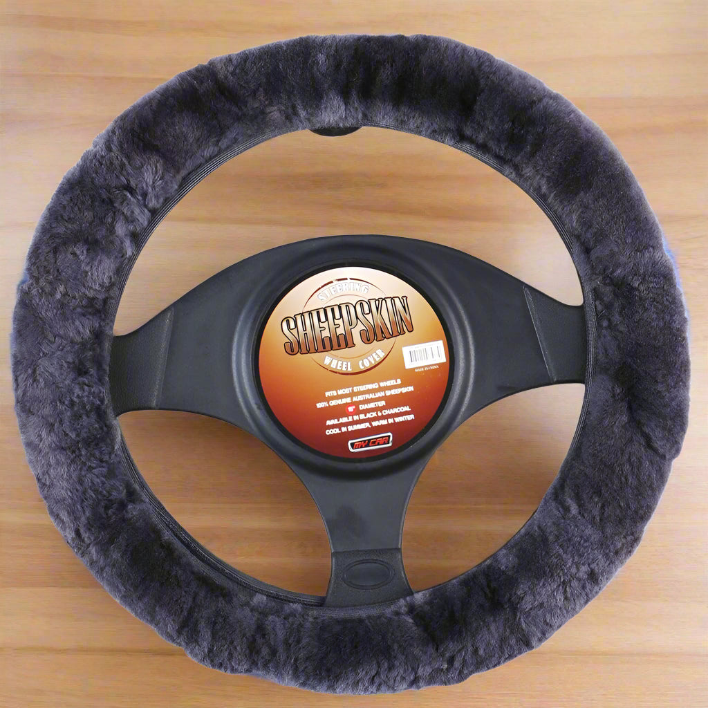Sheepskin Steering Wheel Cover - Charcoal