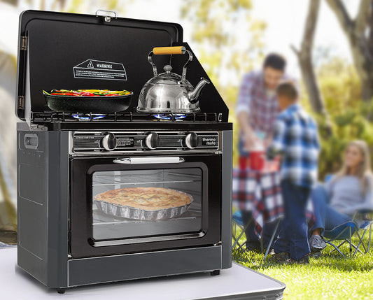 THERMOMATE 2 Burner Gas Portable Camping Oven Stove Combo, Grey