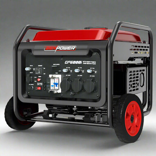 GENPOWER 6kW Peak 5kW Open Frame Inverter Generator, 3x15A, 15L Tank, Wheels, RCD, Portable, Backup