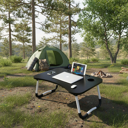Foldable Desk Laptop Stand Table Bed Computer Study Adjustable Portable Cup Slot(Black)