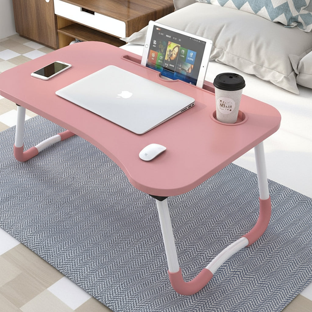 Foldable Desk Laptop Stand Table Bed Computer Study Adjustable Portable Cup Slot(Black)