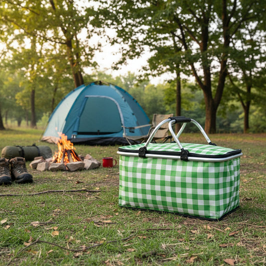 Collapsible Outdoor Camping Portable Insulated Picnic Basket Camping Picnic Ice Pack(Green Grid)