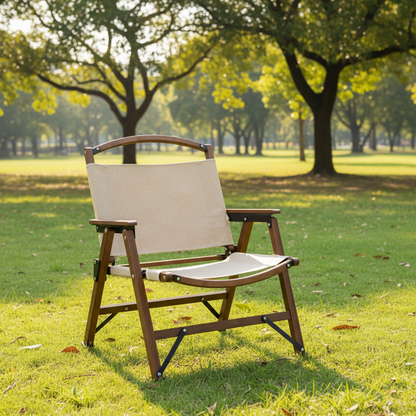Bamboo Canvas Foldable Outdoor Camping Chair Wooden Travel Picnic Park - Khaki/Beige