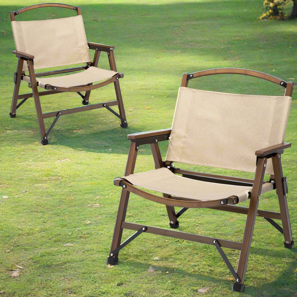 2x Bamboo Foldable Outdoor Camping Chair Wooden Travel Picnic Park Folding - Khaki/Beige