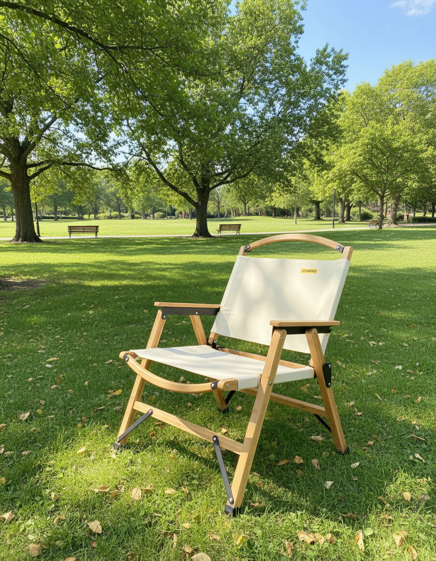 Bamboo Canvas Foldable Outdoor Camping Chair Wooden Travel Picnic Park - Khaki/Beige