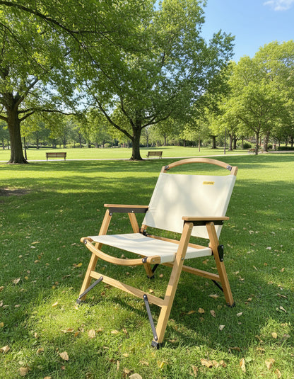 Bamboo Canvas Foldable Outdoor Camping Chair Wooden Travel Picnic Park - Khaki/Beige