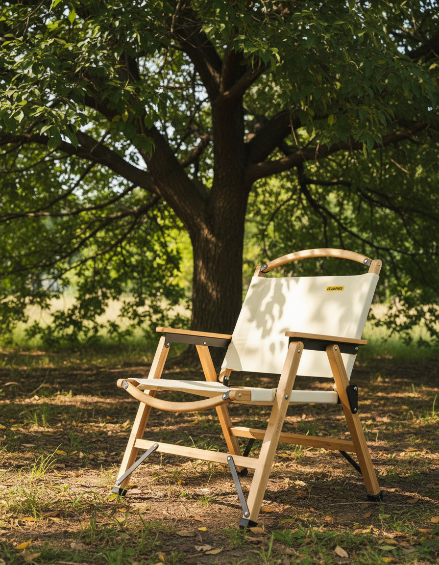 Bamboo Canvas Foldable Outdoor Camping Chair Wooden Travel Picnic Park - Khaki/Beige