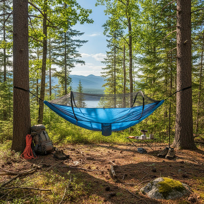 Outdoor Camping Hammock with Mosquito Net - 240x100cm Lightweight Portable Hammock Single Blue