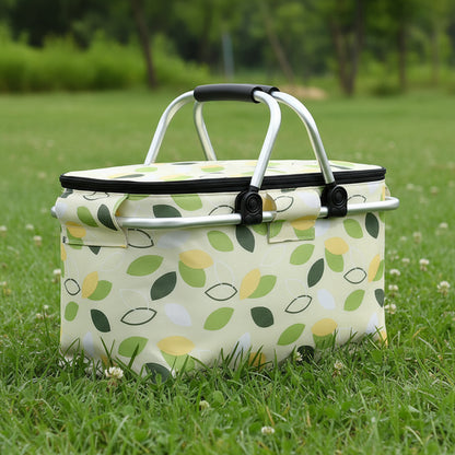Insulated Picnic Basket with Aluminum Frame - Portable Collapsible Cooler Bag 18L 40*20*23cm(Green Leaf)