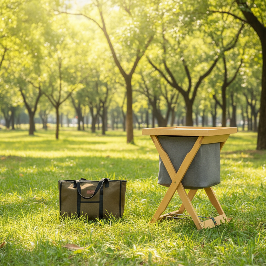 Foldable Wooden Laundry Hamper with Removable Tray and Storage Bag - Natural Wood Finish - Wood Colour