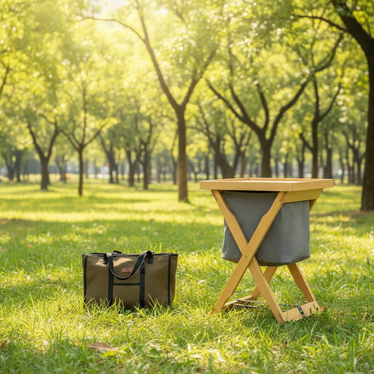 Foldable Wooden Laundry Hamper with Removable Tray and Storage Bag - Natural Wood Finish - Wood Colour