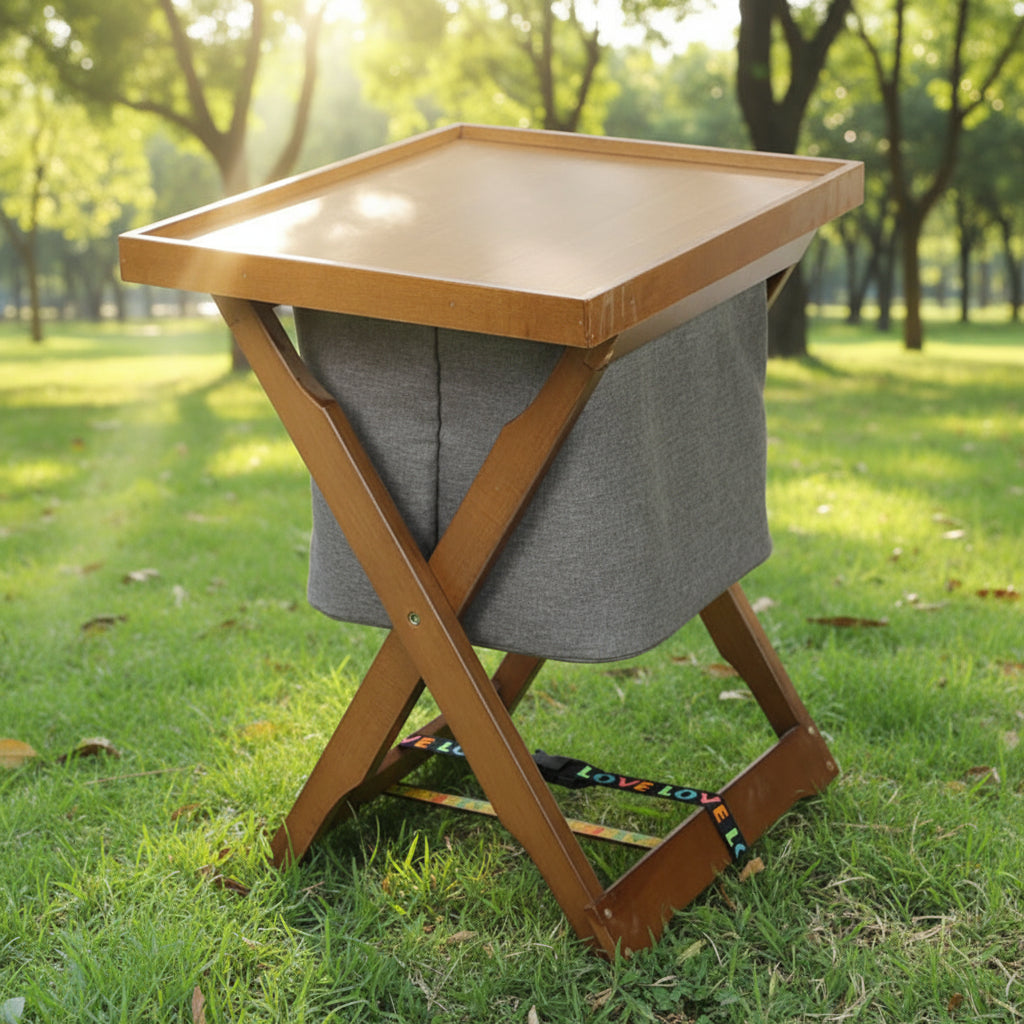 Foldable Wooden Laundry Cart with Detachable Fabric Storage Bag – Walnut Color 45x37x53cm