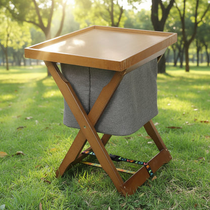 Foldable Wooden Laundry Cart with Detachable Fabric Storage Bag – Walnut Color 45x37x53cm