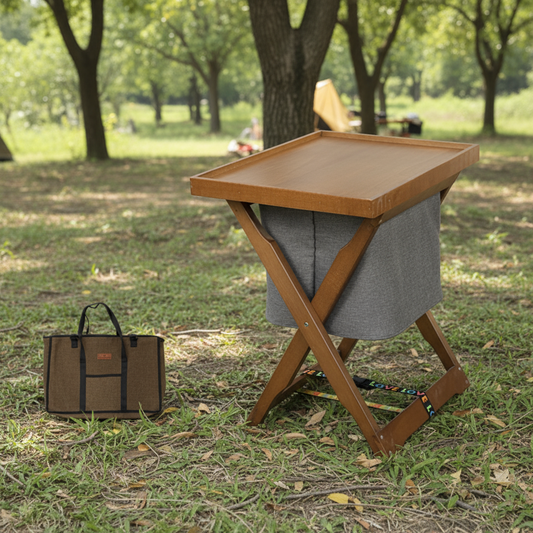 Foldable Wooden Laundry Cart with Detachable Fabric Storage Bag – Walnut Color 45x37x53cm