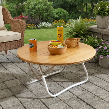 Portable Bamboo Folding Camping Table - Lightweight Round Table with Aluminum Alloy Frame for Outdoor Activities 60*60*27cm