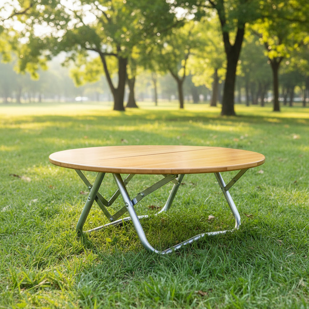 Portable Bamboo Folding Camping Table - Lightweight Round Table with Aluminum Alloy Frame for Outdoor Activities 60*60*27cm