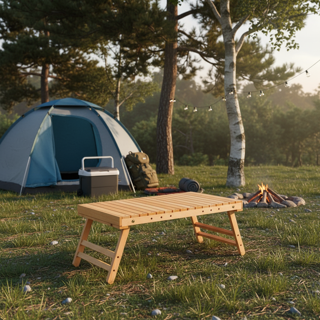 Folding Wooden Picnic Table - Portable Compact Outdoor Coffee & Camping Table- log color 67*37*28cm