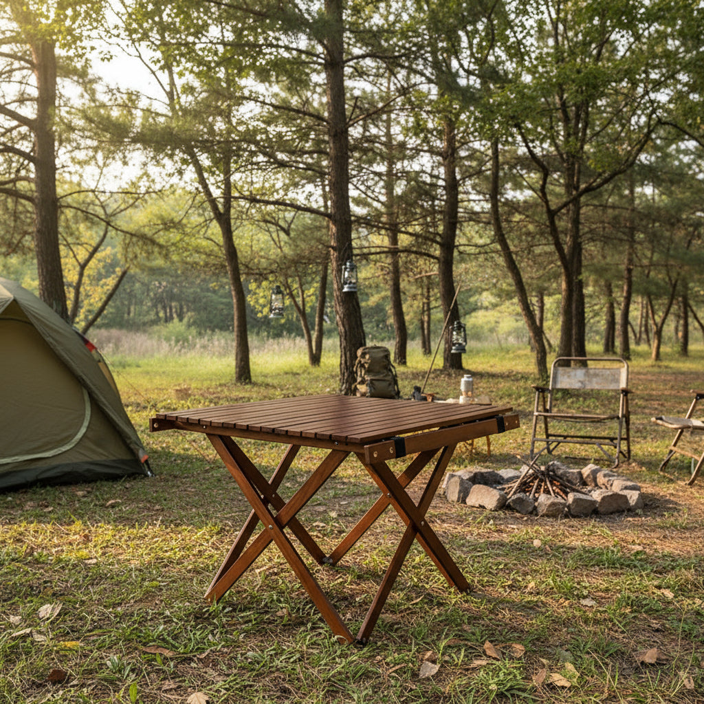 Portable Wooden Folding Table - Compact Outdoor Camping & Picnic Table - Log coloured