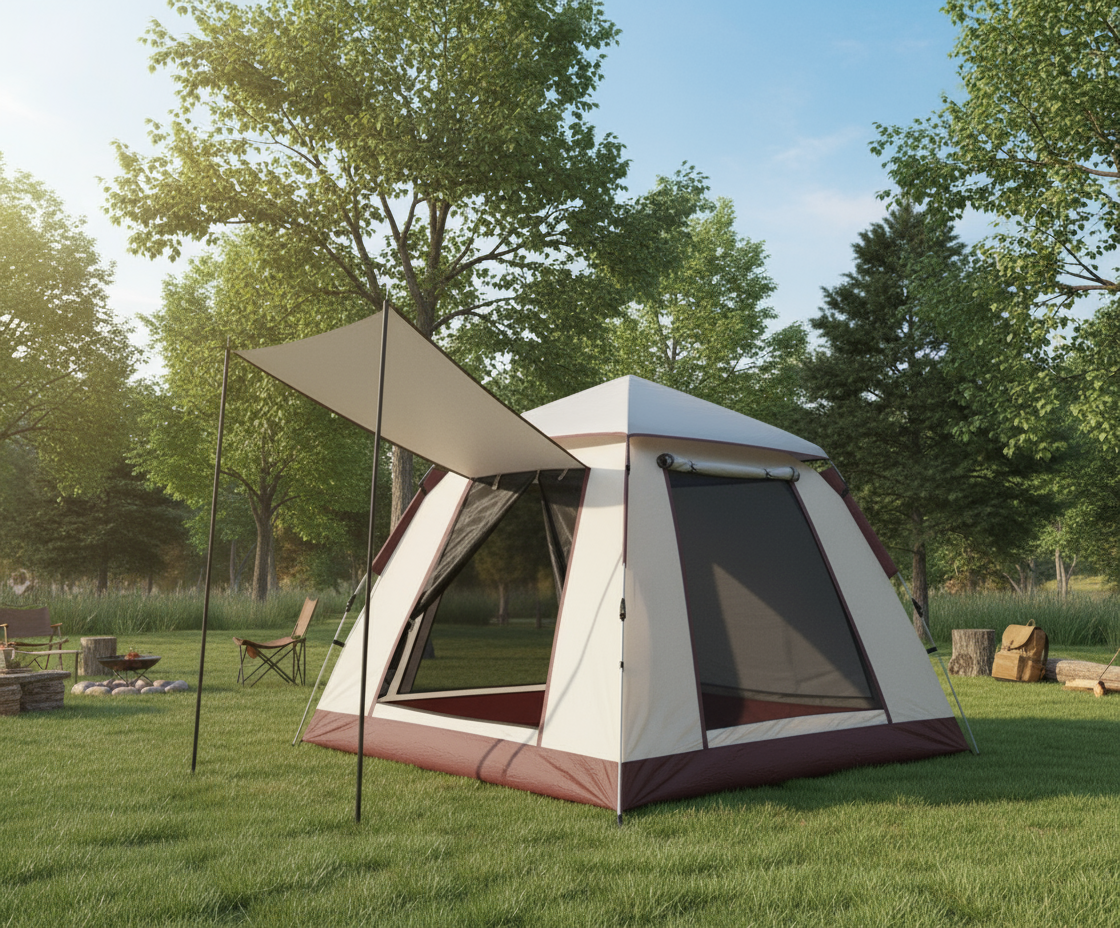 5-8 Person Square Camping Tent | Double-Layer Silver Coated Waterproof Shelter with Awning (240*240*155cm)
