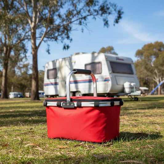 Red Portable Picnic Basket - Foldable Insulated Outdoor Shopping Basket, Meal Delivery & Takeout Carrier